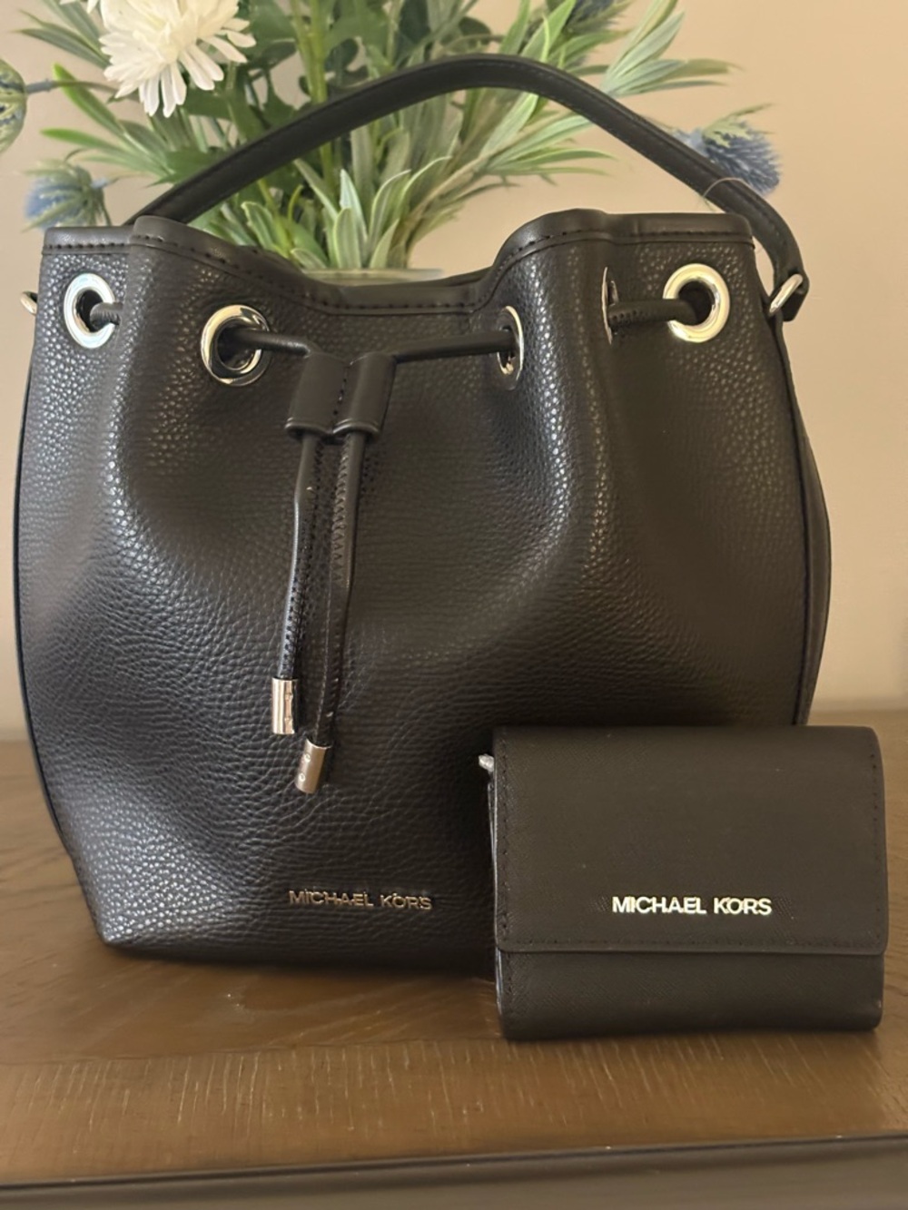 Michael Kors Black Pebbled Leather Drawstring Bucket Bag with Wallet